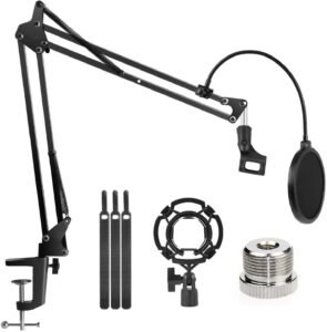 Microphone Radio Broadcasting Stand with 3/8″to 5/8″ Screw Adapter and Windscreen Pop Filter