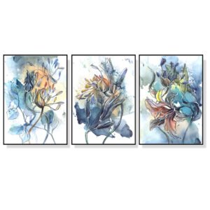 Wall Art 50cmx70cm Watercolor Style Abstract Flower 3 Sets Black Frame Canvas