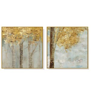 Wall Art 70cmx70cm Golden Leaves 2 Sets Gold Frame Canvas