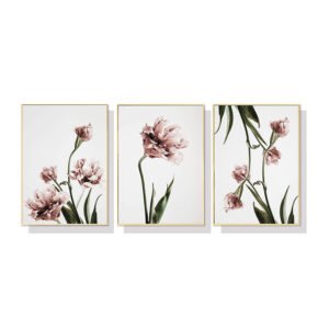 Wall Art 60cmx90cm Tulip Flower 3 Sets Gold Frame Canvas