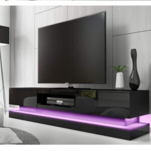 Modern High Gloss LED RGB TV Entertainment Unit with Storage 220cm – Black