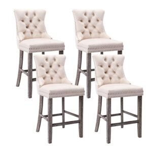 4X Velvet Bar Stools with Studs Trim Wooden Legs Tufted Dining Chairs Kitchen