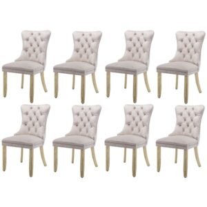 8x Velvet Dining Chairs Upholstered Tufted Kithcen Chair with Solid Wood Legs Stud Trim and Ring-Beige