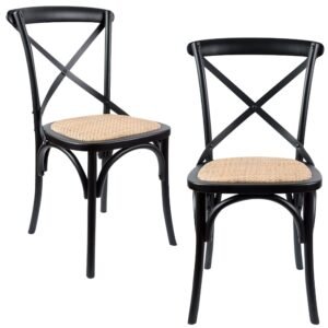 Aster Crossback Dining Chair Set of 2 Solid Birch Timber Wood Ratan Seat – Black