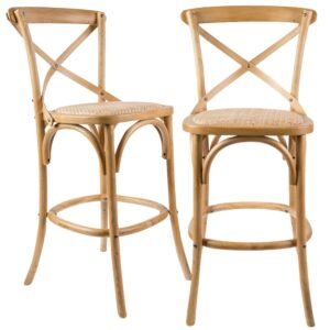 Aster 2pc Crossback Bar Stools Dining Chair Solid Birch Timber Rattan Seat – Oak