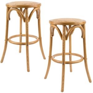 Aster 2pc Round Bar Stools Dining Stool Chair Solid Birch Timber Rattan Seat Oak