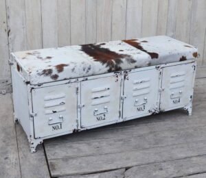 COWHIDE IRON LOCKER BENCH